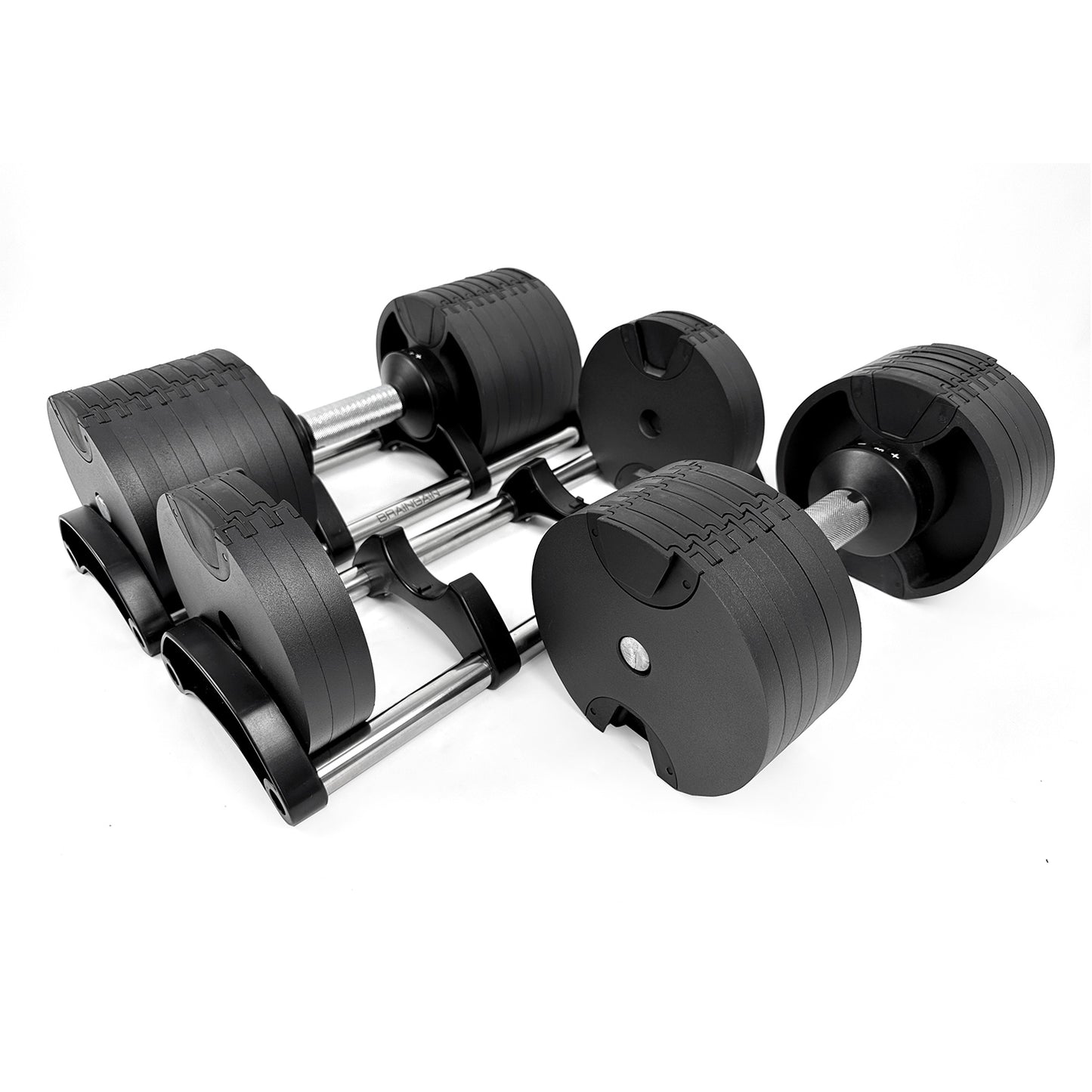 BRAINGAIN 40kg Round Adjustable Dumbbell Action Shot Showing Mechanism Two Units Side by Side